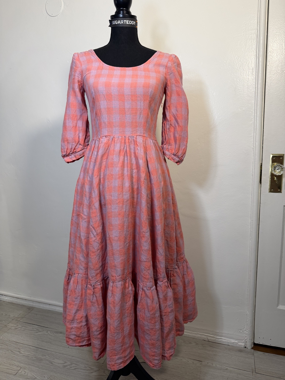 Women's Pink Gingham Check Midi Dress -3/4 Sleeved Ruffled Hem